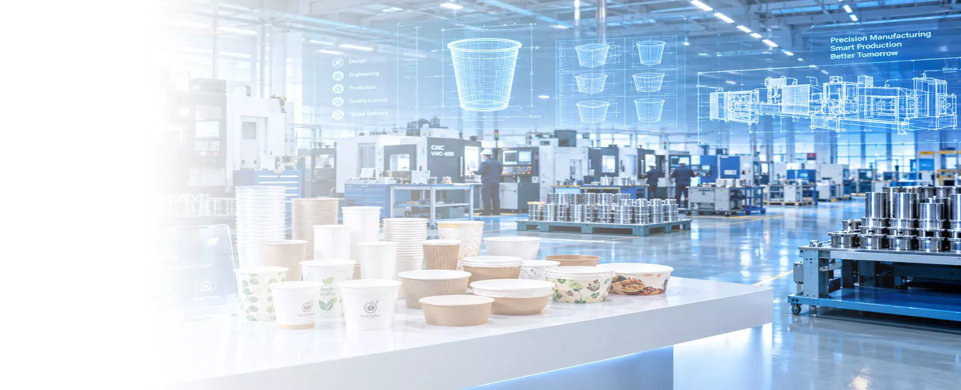 Smart manufacturing factory interior displaying paper food containers, digital product blueprints, industrial machinery, and