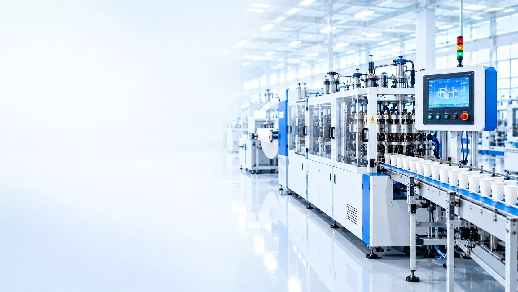 Modern automated factory production line manufacturing disposable cups, industrial machinery with control panel in clean