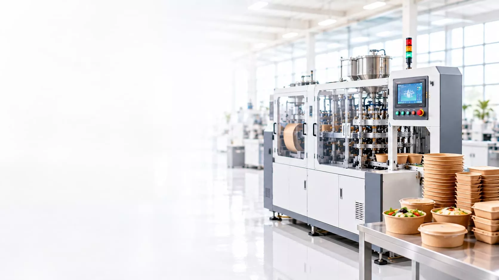 Automated food container manufacturing machine producing biodegradable takeaway bowls in a bright modern factory