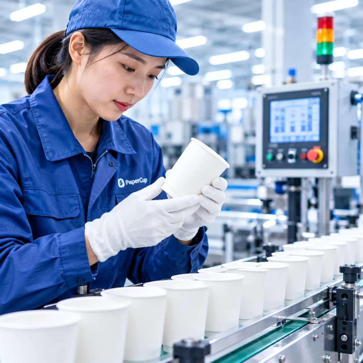 Worker inspecting a white paper cup at a production line in a factory