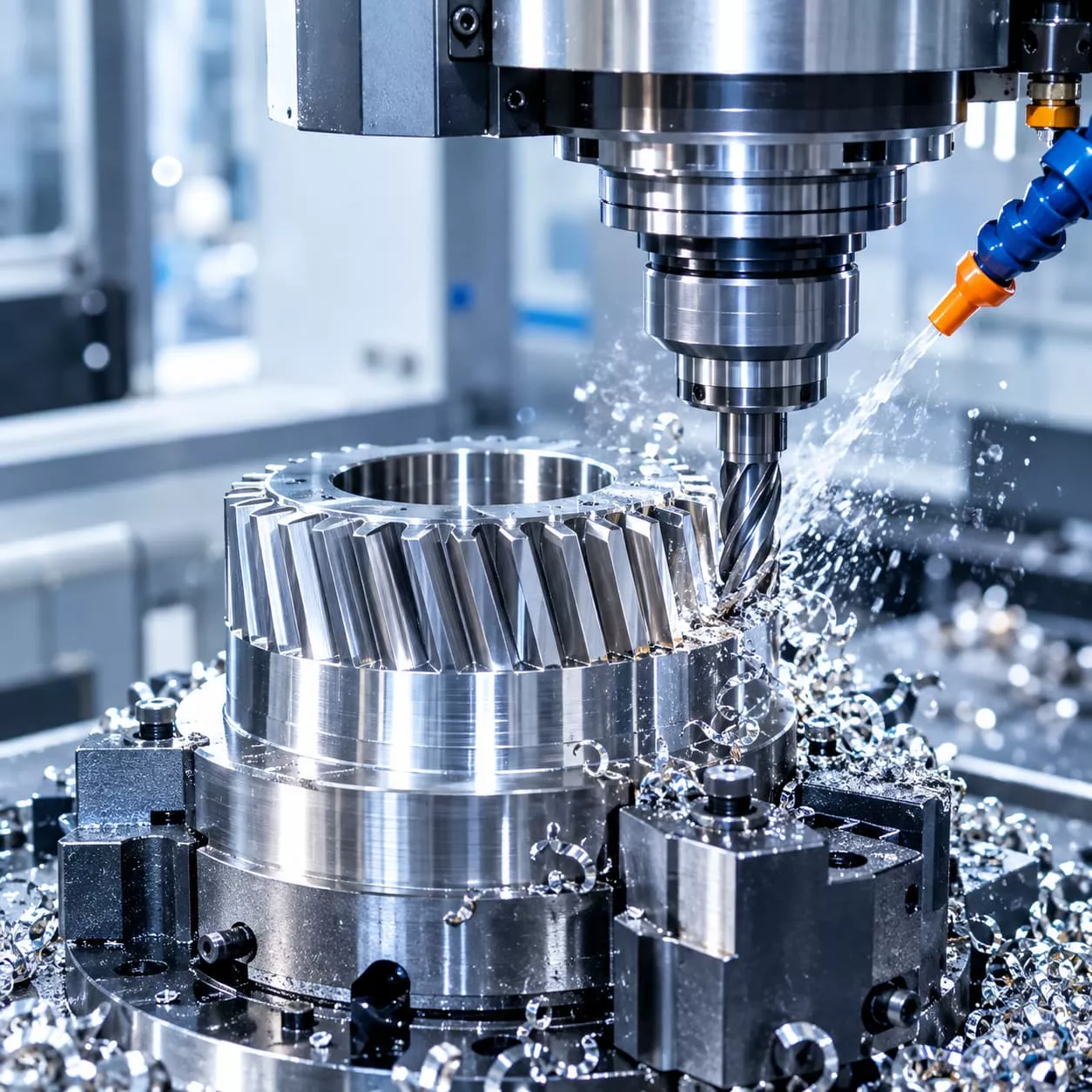 CNC milling machine working on a metallic gear component, with coolant being sprayed and metal shavings around the workpiece