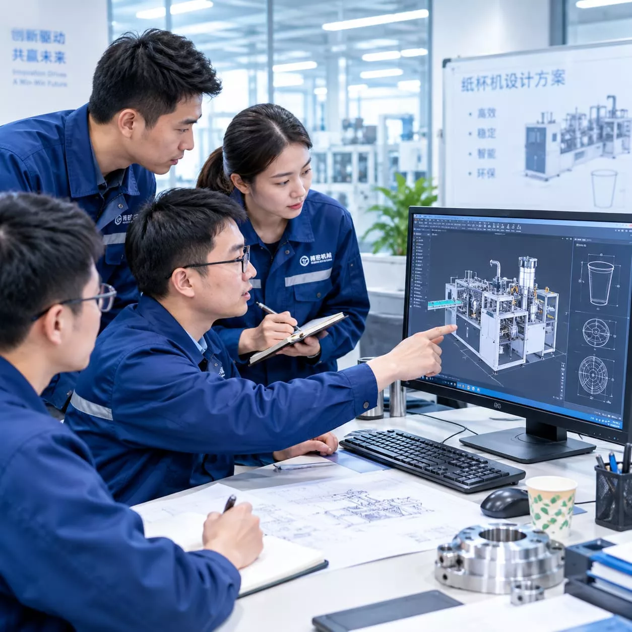 Four engineers in blue workwear discussing a paper cup making machine design on a computer in a modern workshop