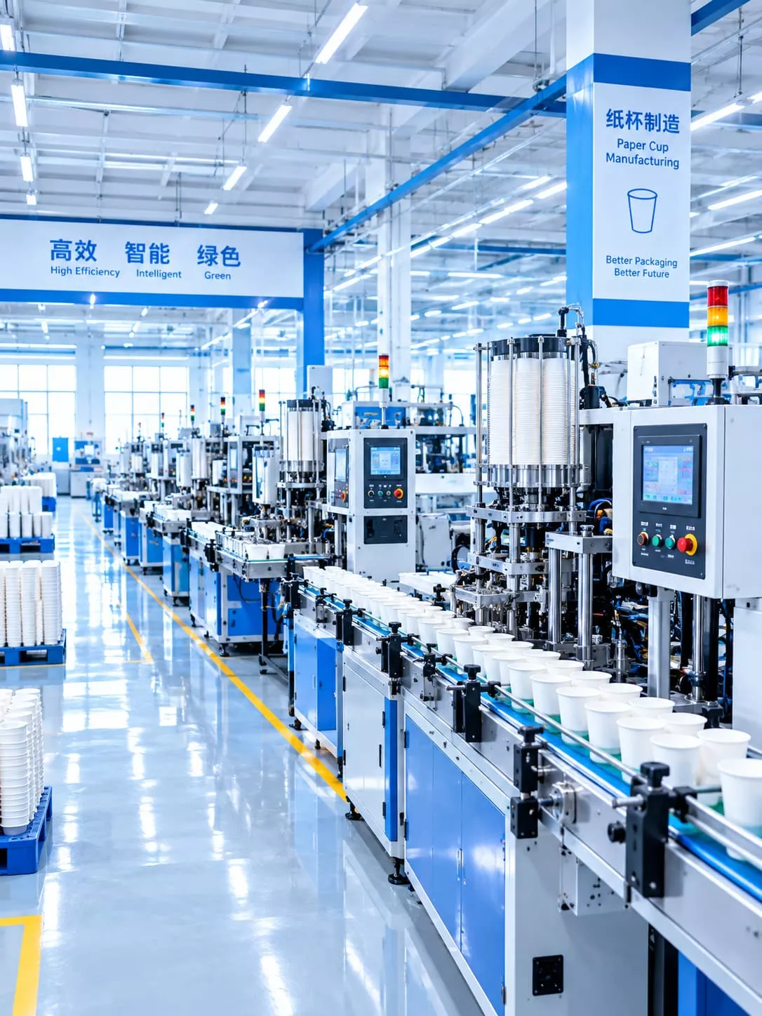 Paper cup manufacturing factory interior with automated production lines, conveyor belts holding unfinished paper cups, and