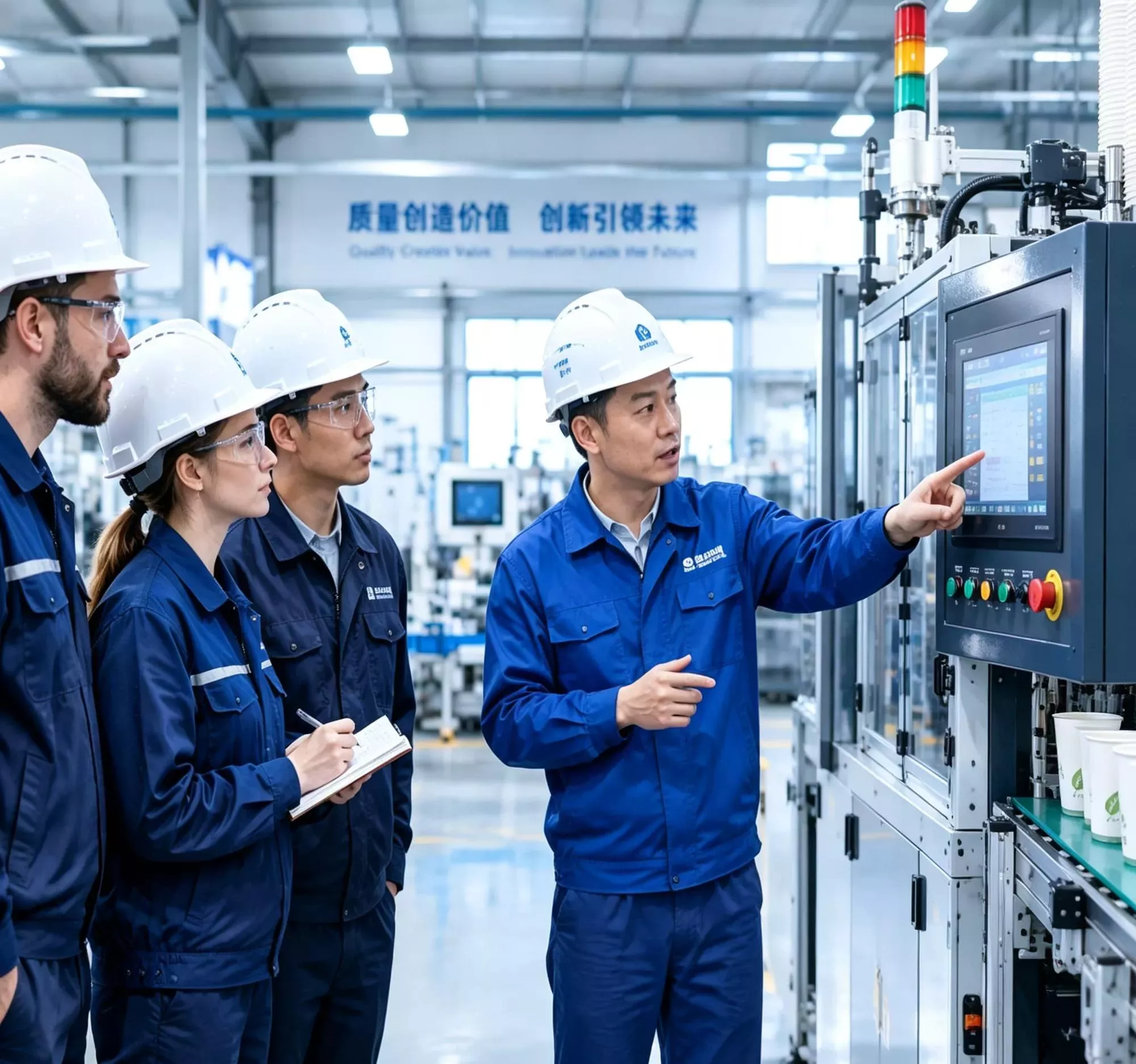 Factory workers in safety gear observing a colleague operating automated production equipment while pointing at its control