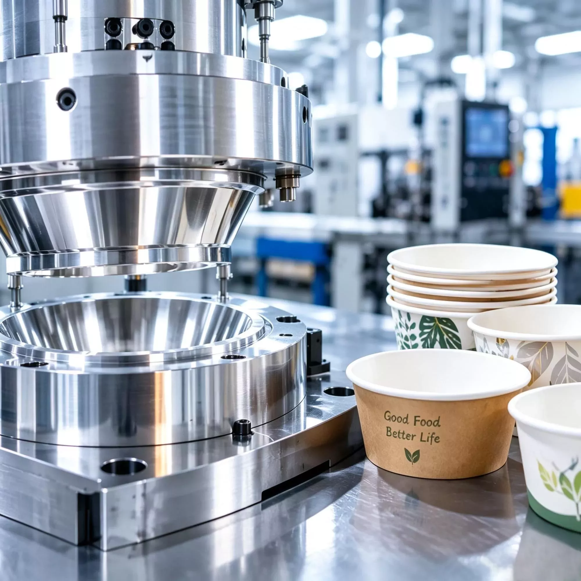 Industrial manufacturing machine alongside newly produced biodegradable paper bowls in a factory setting