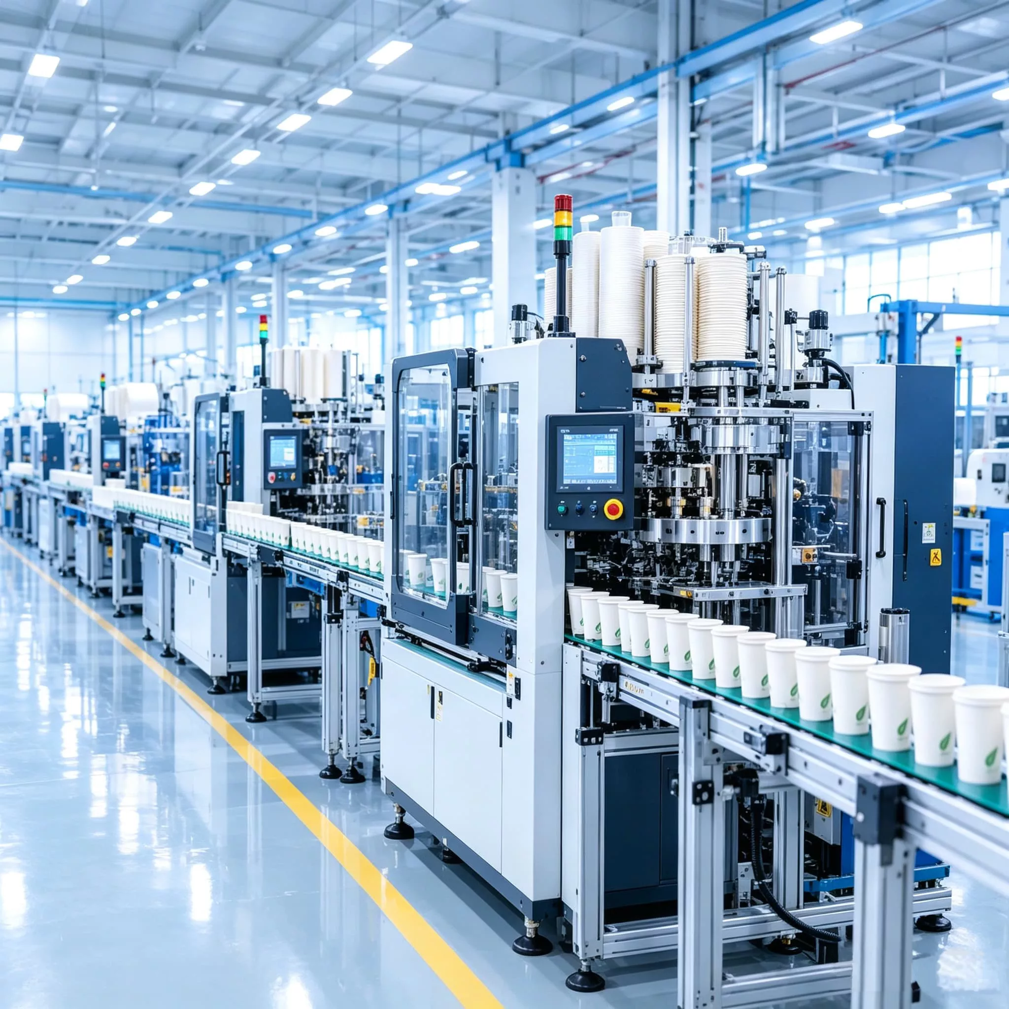 Automatic production line manufacturing paper cups in a modern industrial factory